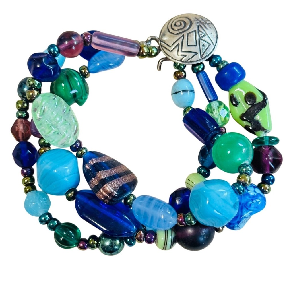 VTG‎ Bracelet Murano Venetian Art Glass Beaded Blue lampwork foil triple strand